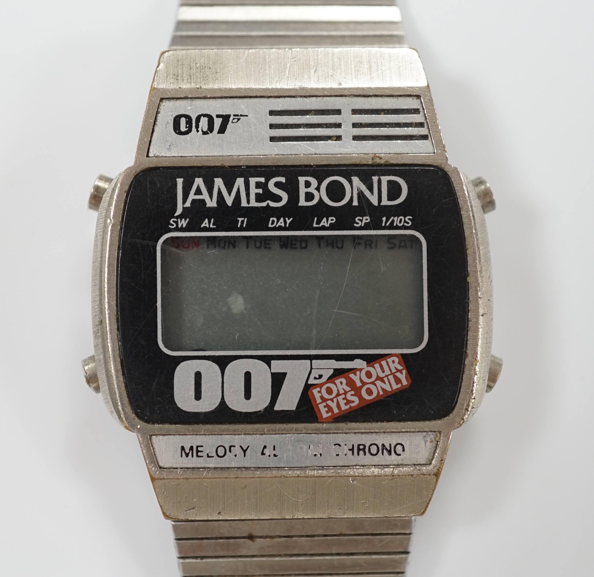 An early 1980's stainless steel James Bond 007 'For Your Eyes Only' digital quartz wrist watch, no box or papers.